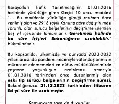 Eski Tip Sürücü Belgelerinin değiştirme süresi